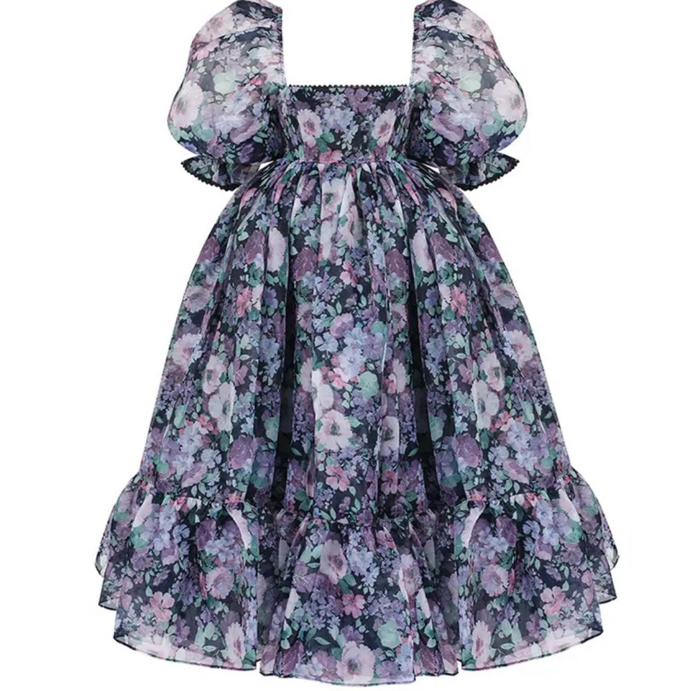 Purple black floral light weight gauze, organza, puff sleeve, baby doll dress